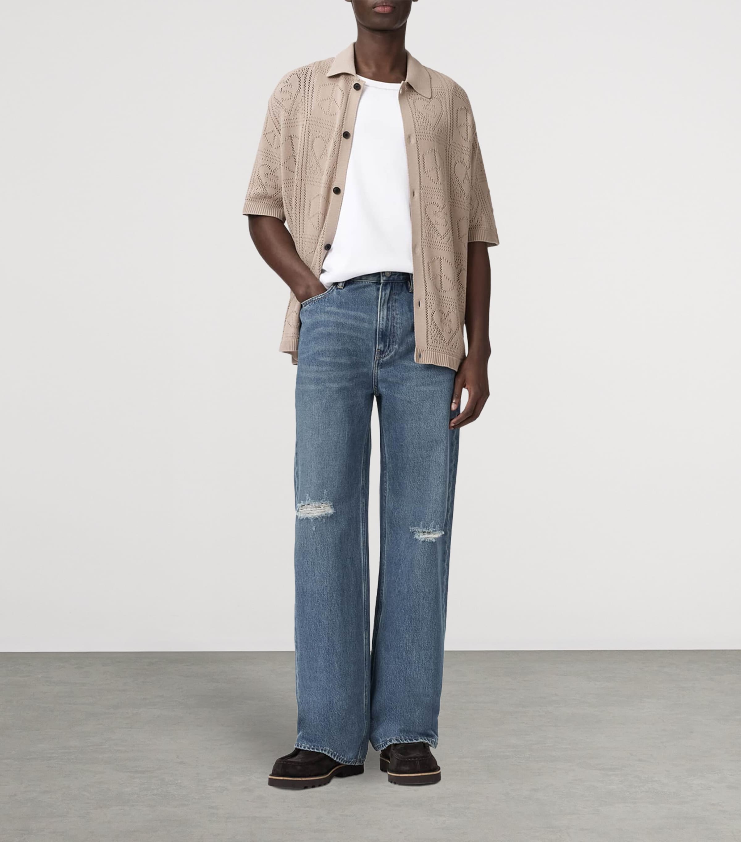 AllSaints Mens Organic Cotton Knitted Shirt Sand Taupe Image 2