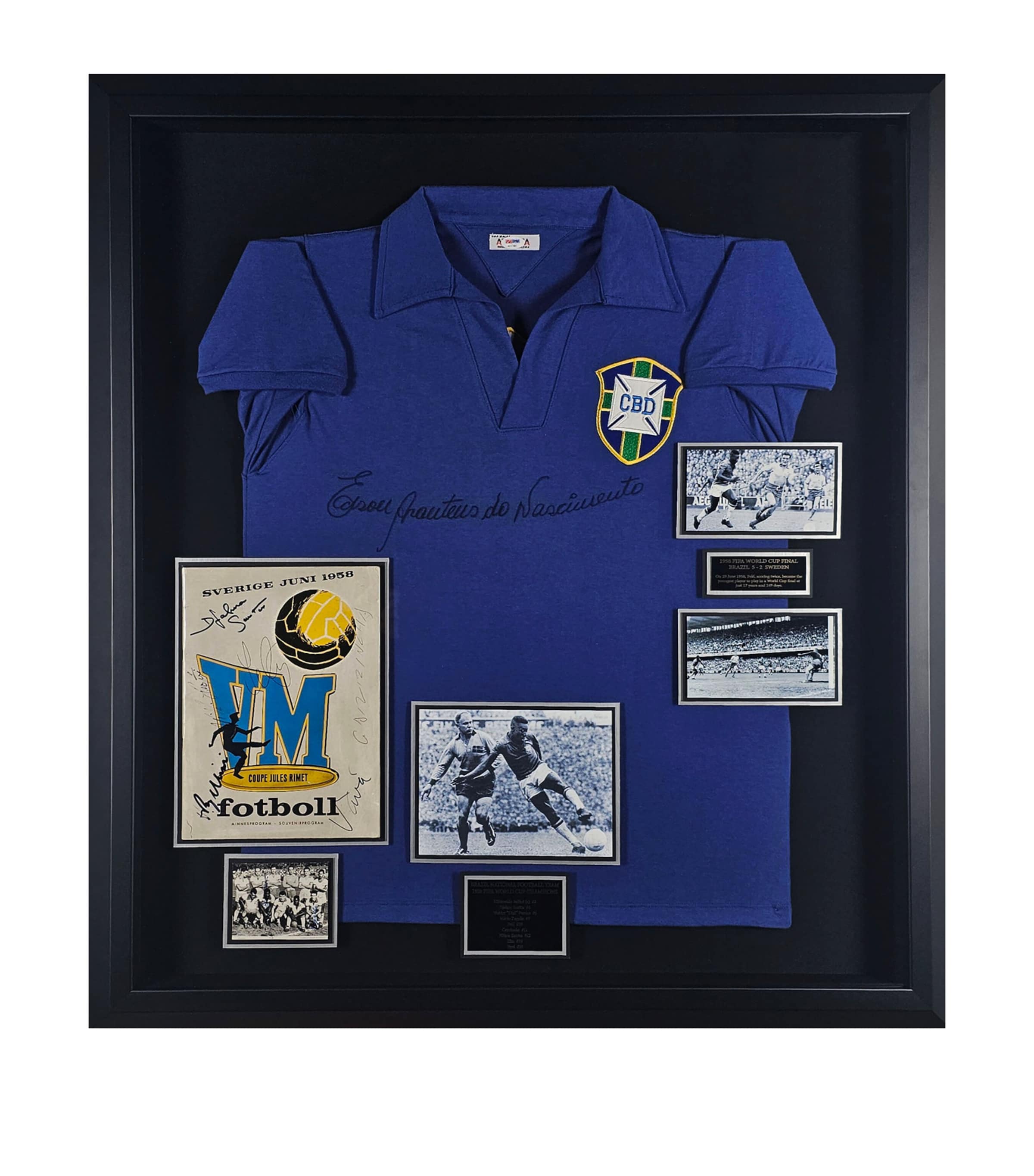 Leipzig Galleries Brazil 1958 World Cup Pelé and Squad Signed Jersey Framed Display Image 1