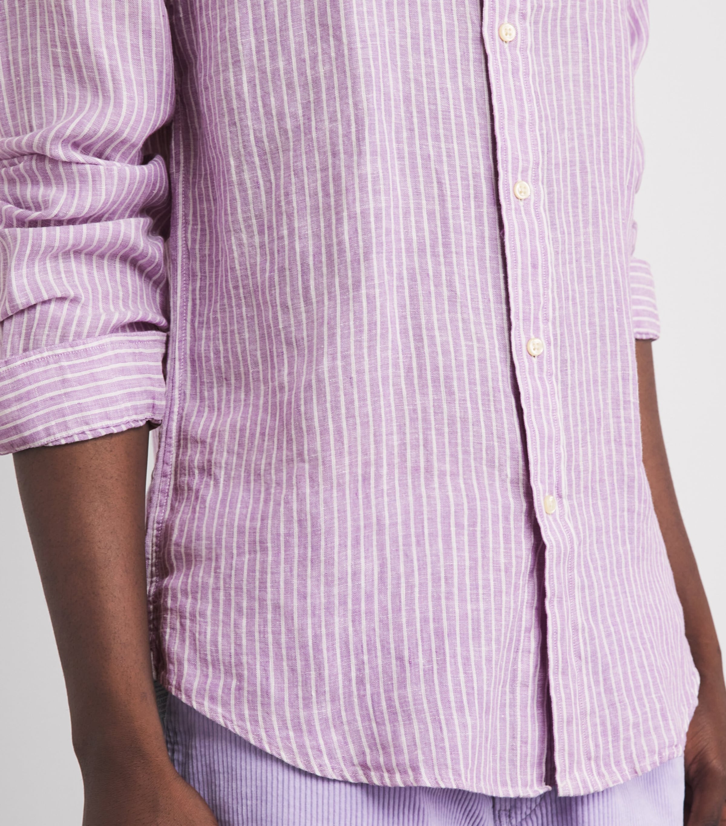 Polo Ralph Lauren Mens Linen Striped Custom-Fit Shirt Lavender White Image 3