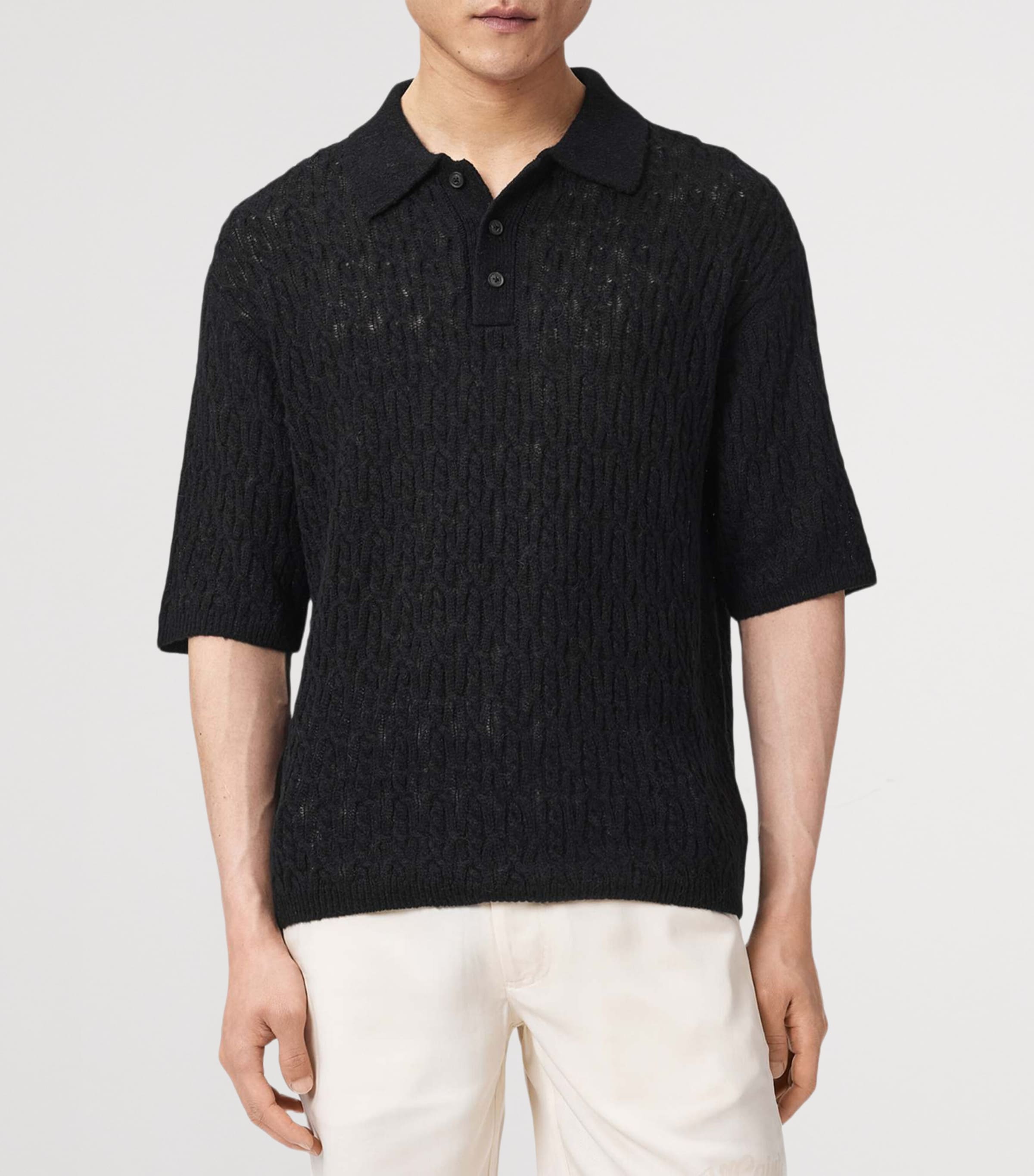 AllSaints Mens Wool-Blend Cyclone Polo Shirt Black Image 3