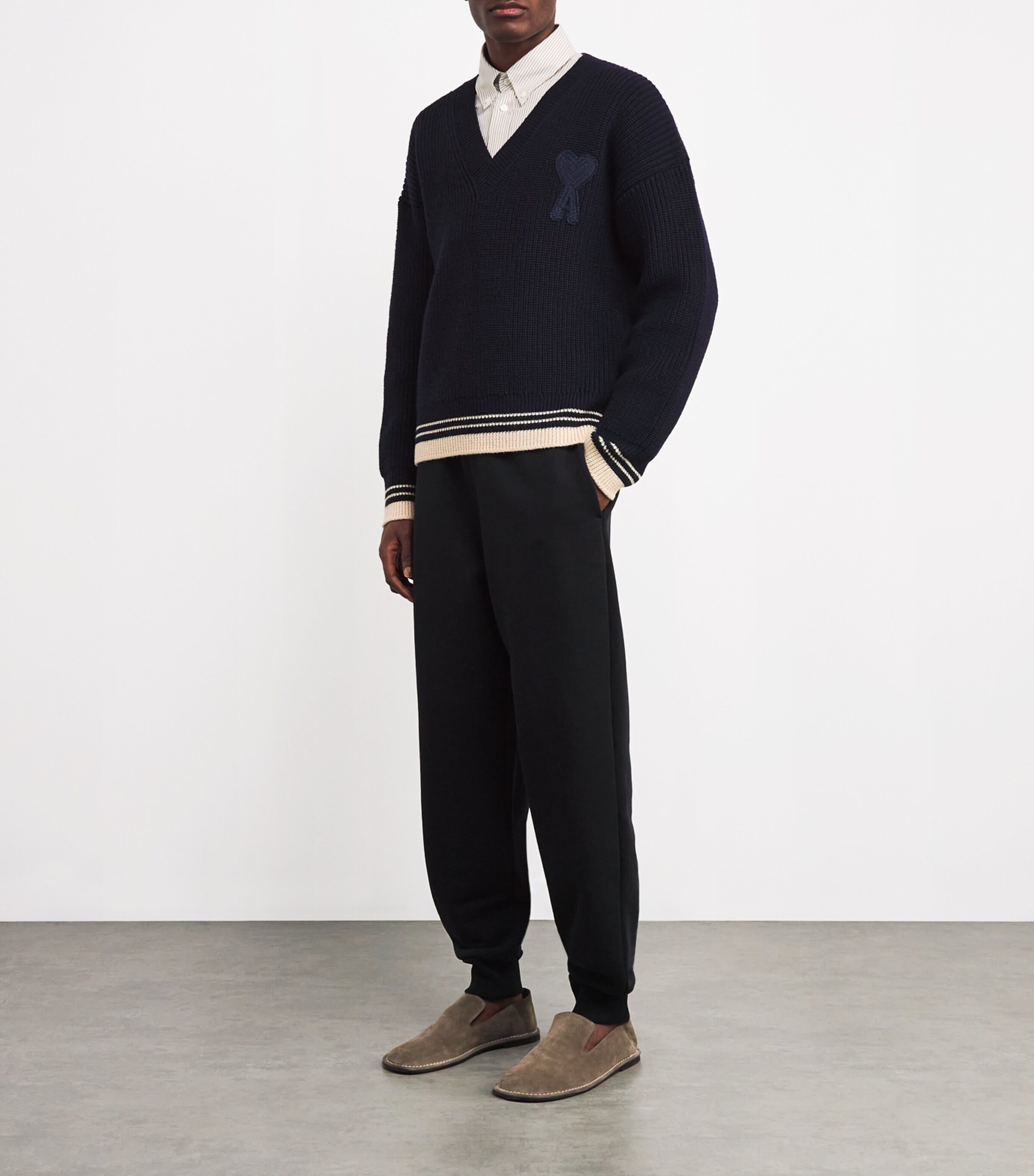 AMI Paris Mens Wool V-Neck Sweater Bleu Image 2