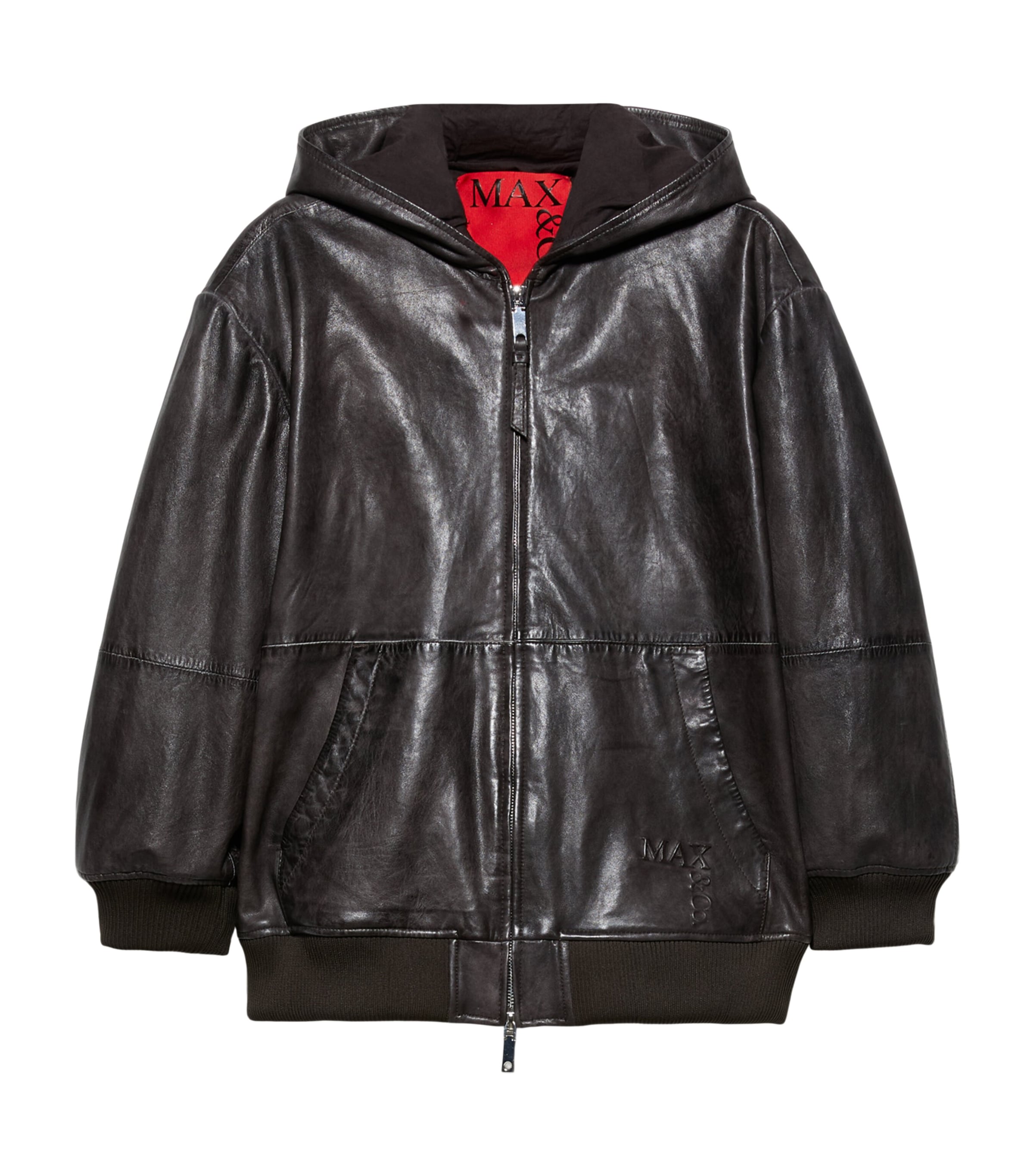 MAX&Co. Womens Leather Bomber Jacket Brown Image 1