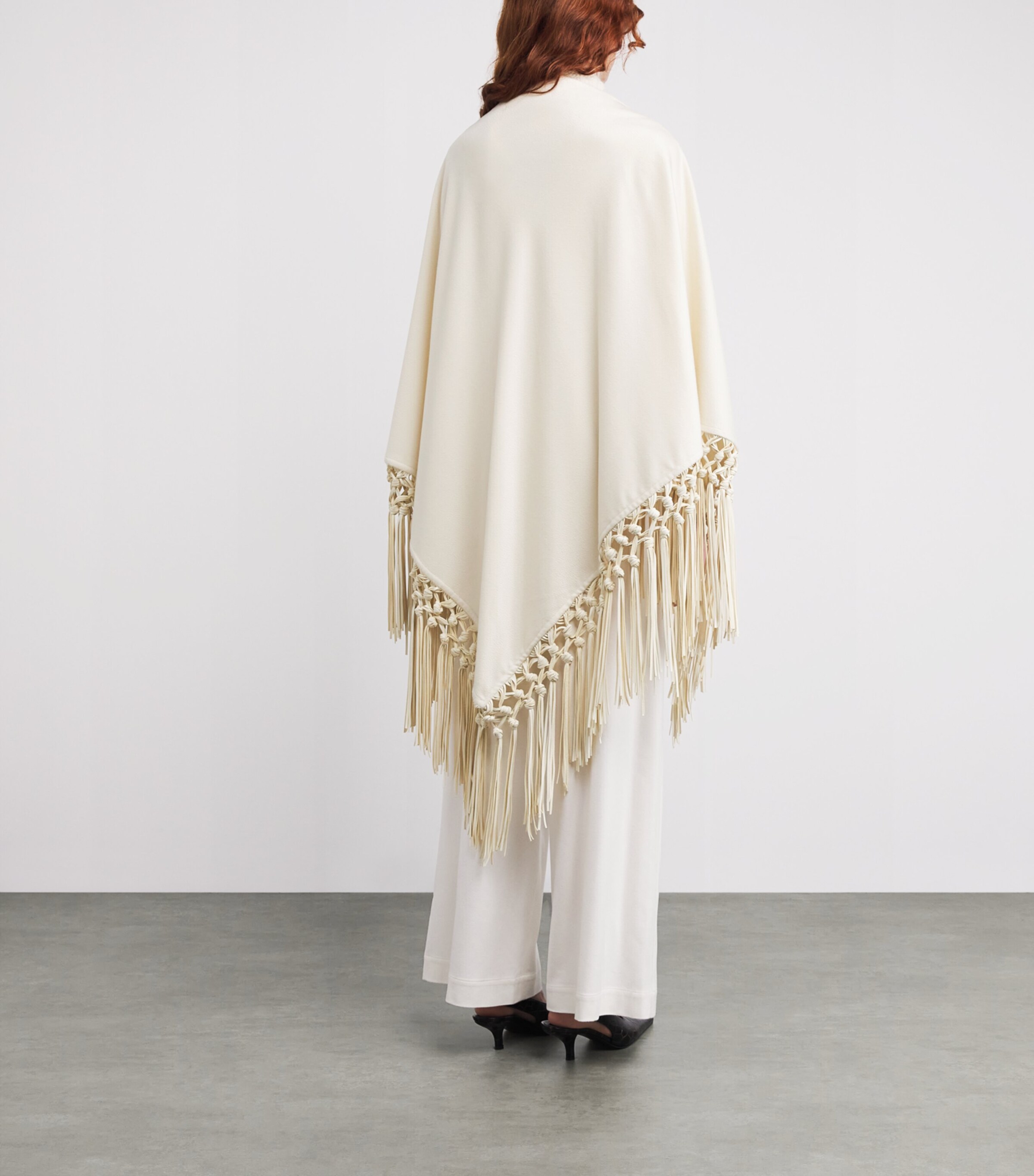 Cashmere and Leather Fringe-Trim Cape 0050 WHITE Image 4