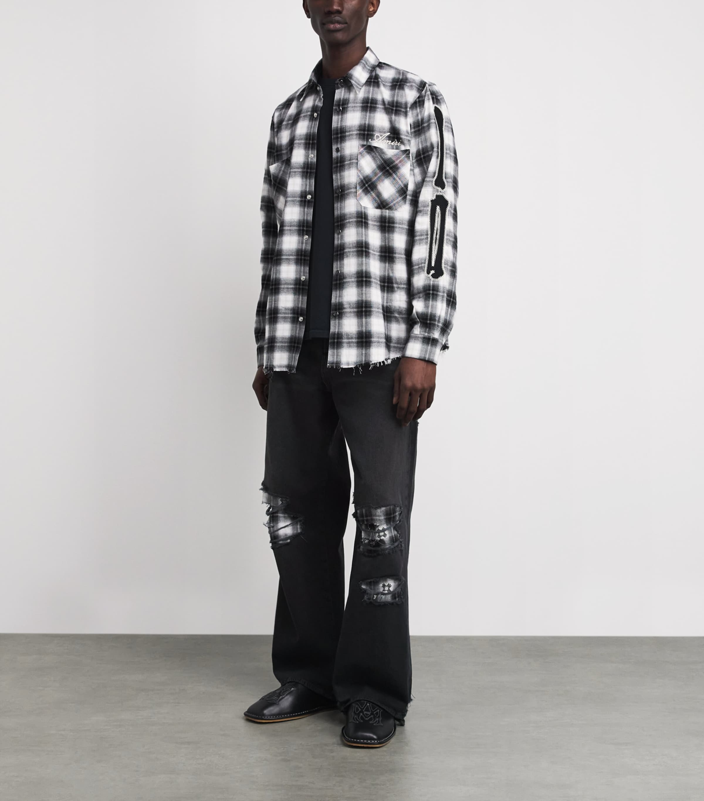 AMIRI Mens Flannel Repair Wide-Leg Jeans Steel Black Image 2