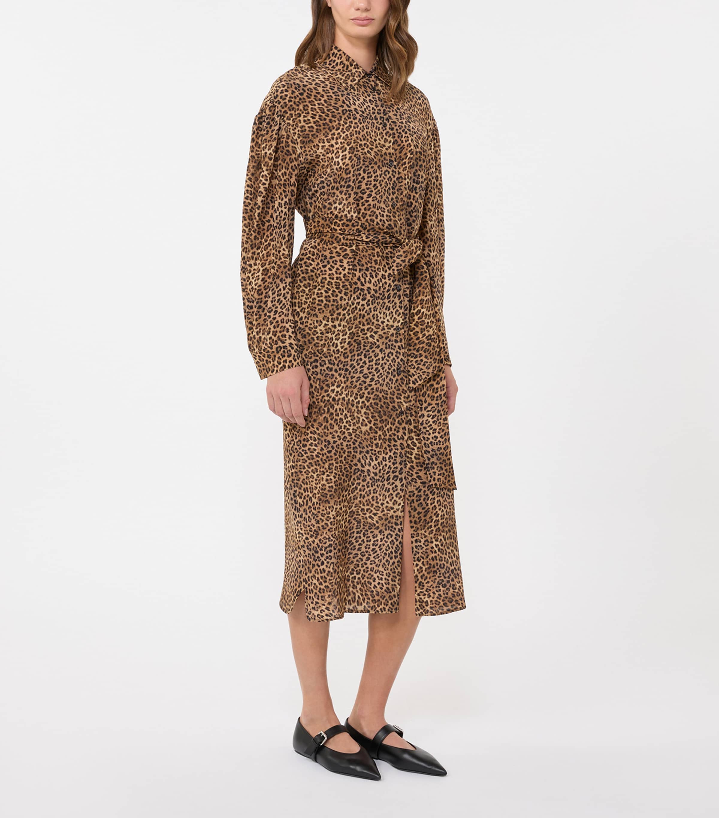 Weekend Max Mara Womens Silk Leopard Print Midi Shirt Dress Camel Image 2
