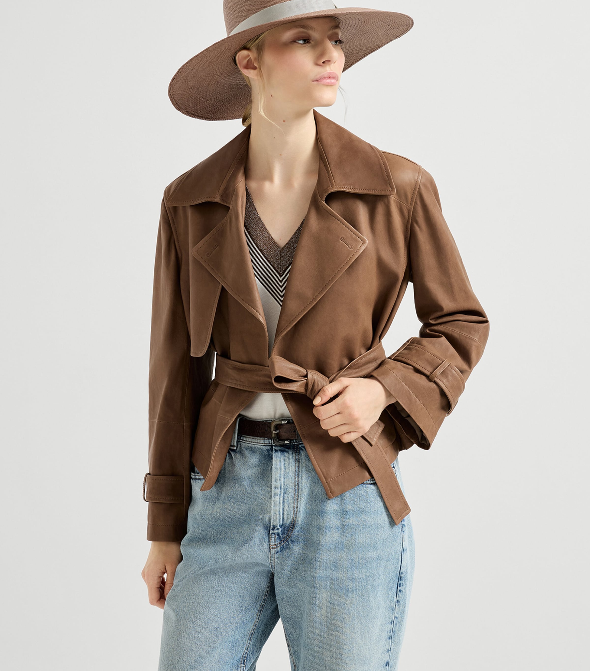 Brunello Cucinelli Womens Nappa Leather Cropped Trench Coat Image 4