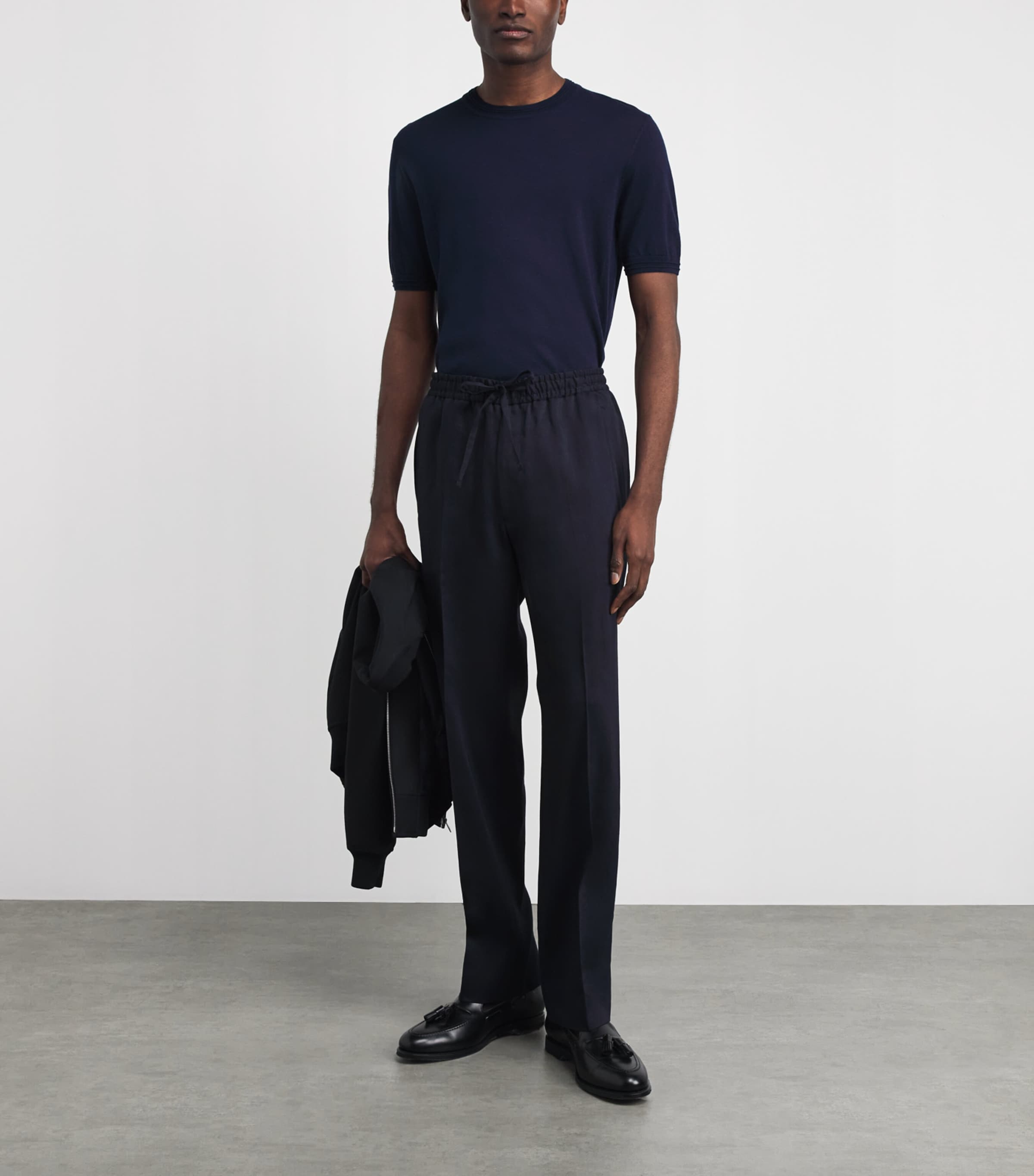 Corneliani Mens Linen-Virgin Wool-Mohair Drawstring Trousers Navy Blue Image 2