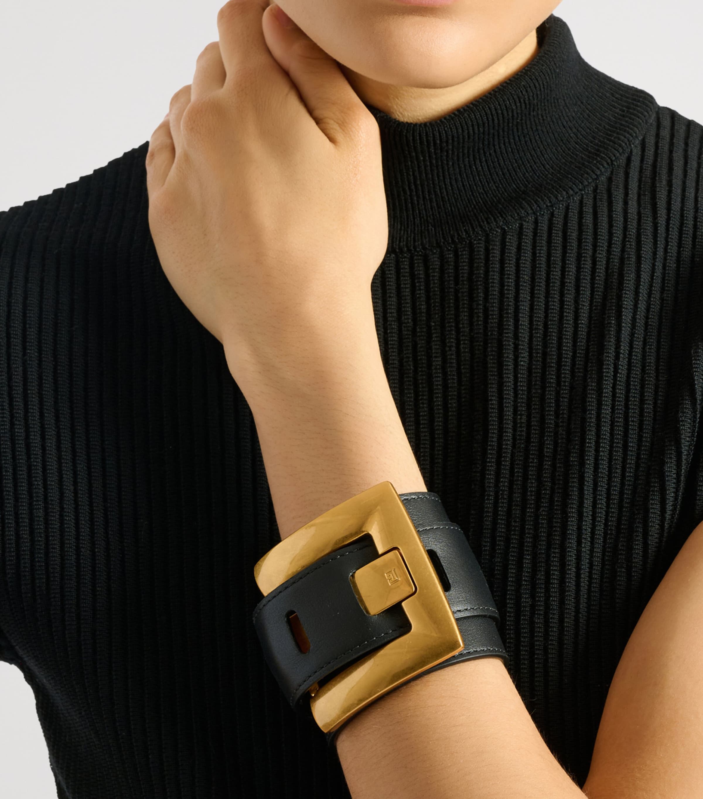 Balmain Leather Anthem Bracelet Enj Noir/oro Image 2