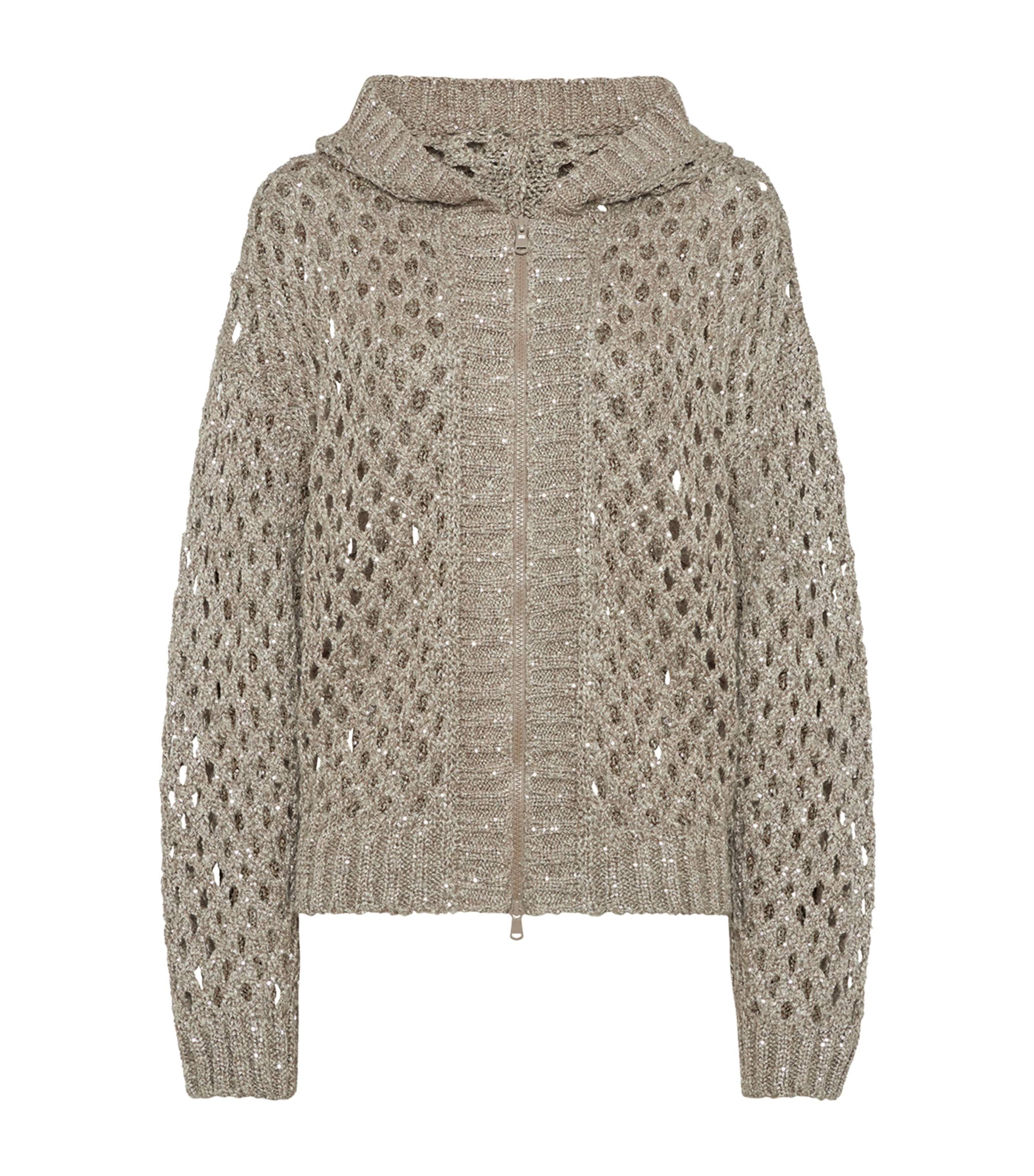Brunello Cucinelli Dazzling Netted Hooded Cardigan In Brown