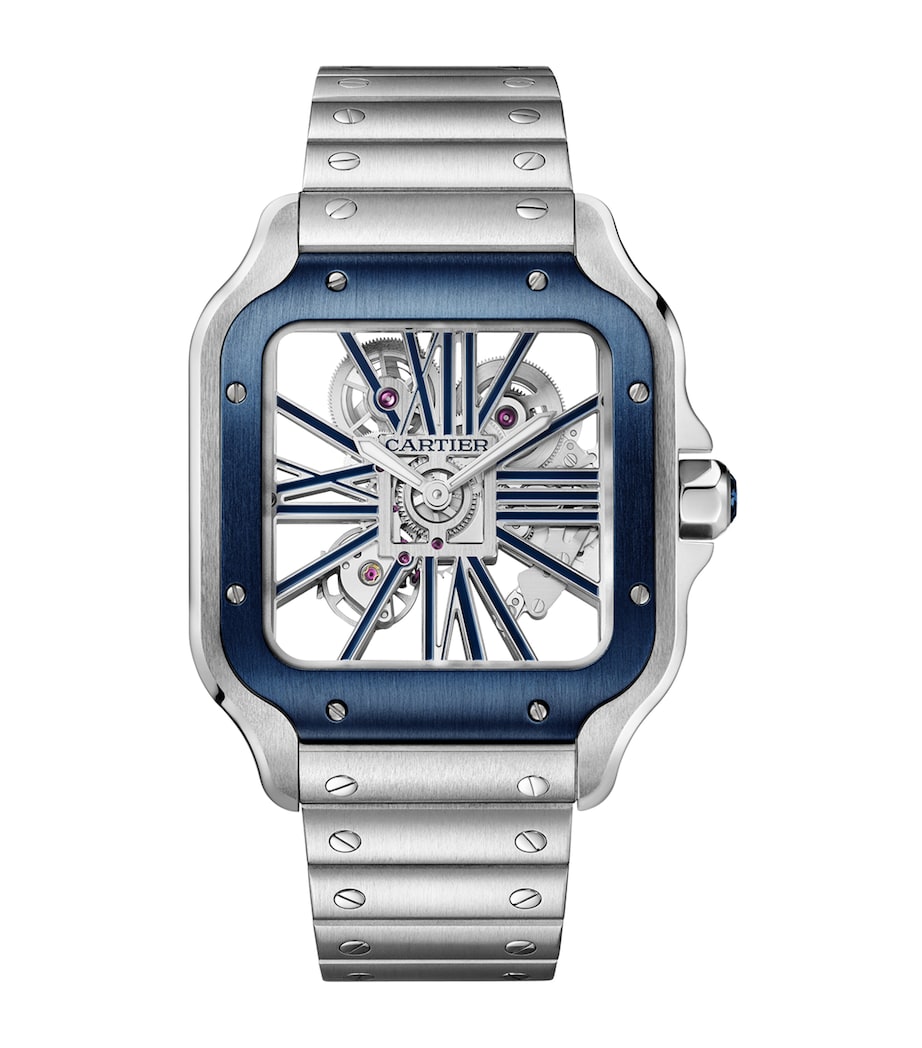 Large Steel Santos de Cartier Skeleton Watch 39.8mm SILVER DARK BLUE Image 1