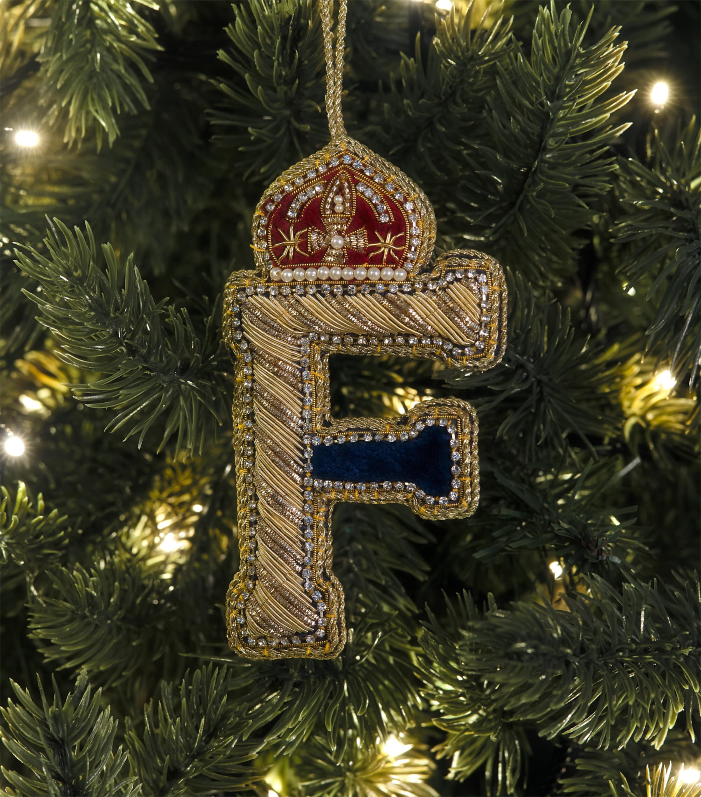 Tinker Tailor Velvet Crystal Letter F Tree Decoration Navy, Gold & Wine Image 3