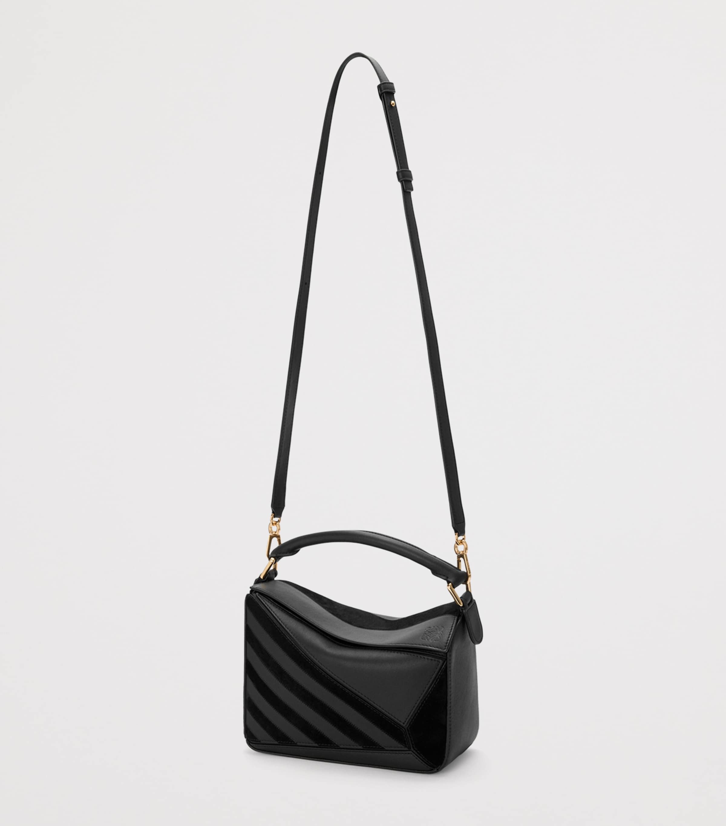 Small Leather Stripe Puzzle Edge Top-Handle Bag BLACK Image 6