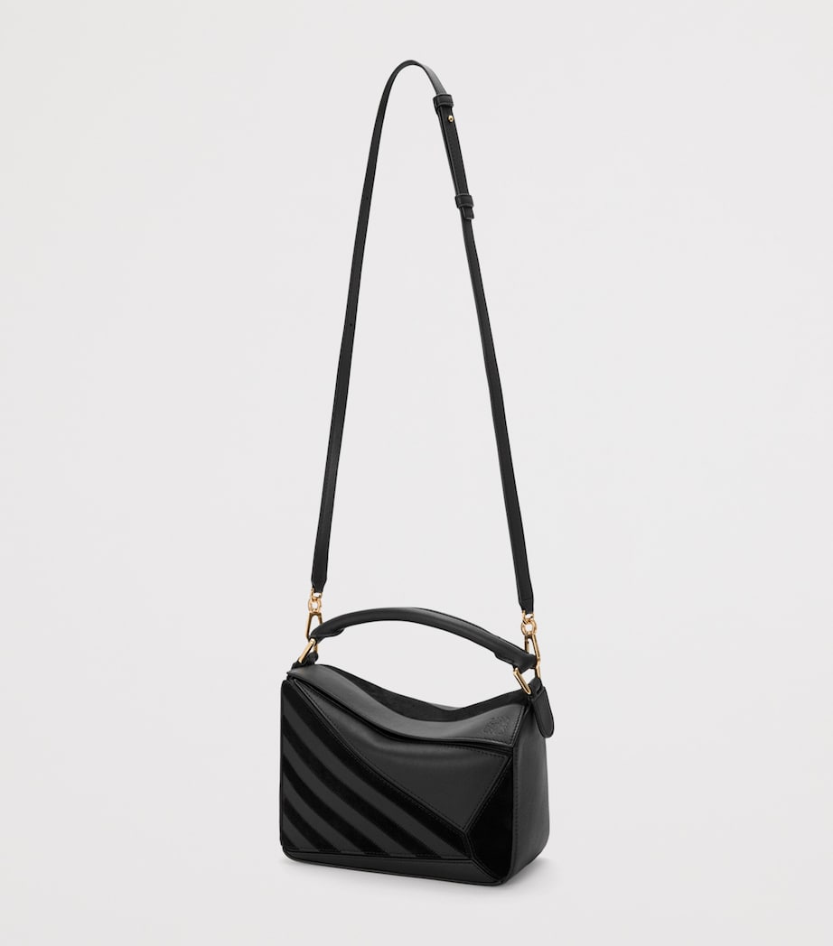 Small Leather Stripe Puzzle Edge Top-Handle Bag BLACK Image 6