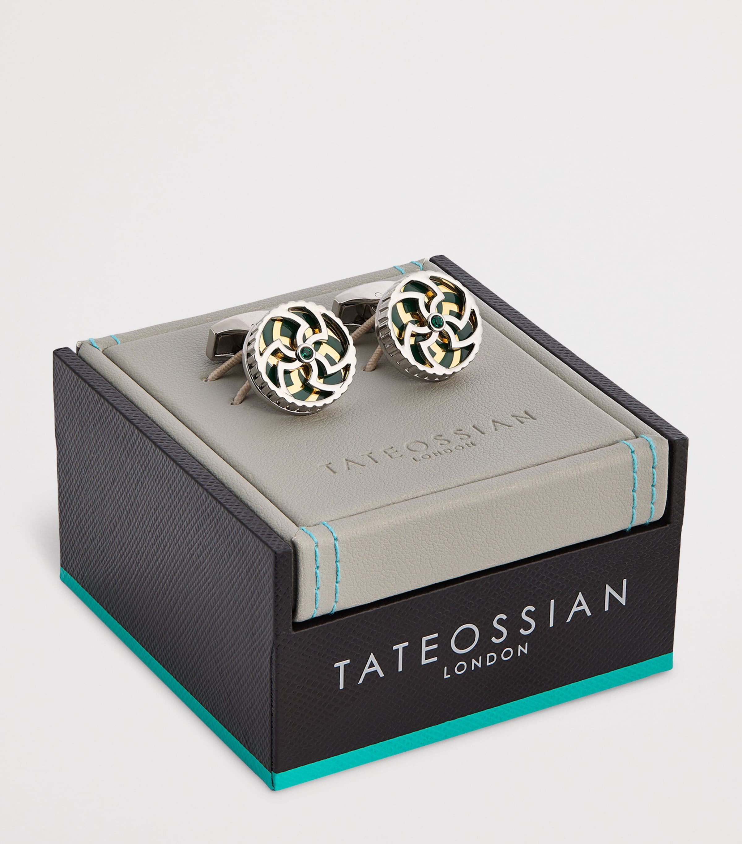 Tateossian Mens Palladium-Plated Trinity Cufflinks Green Image 3