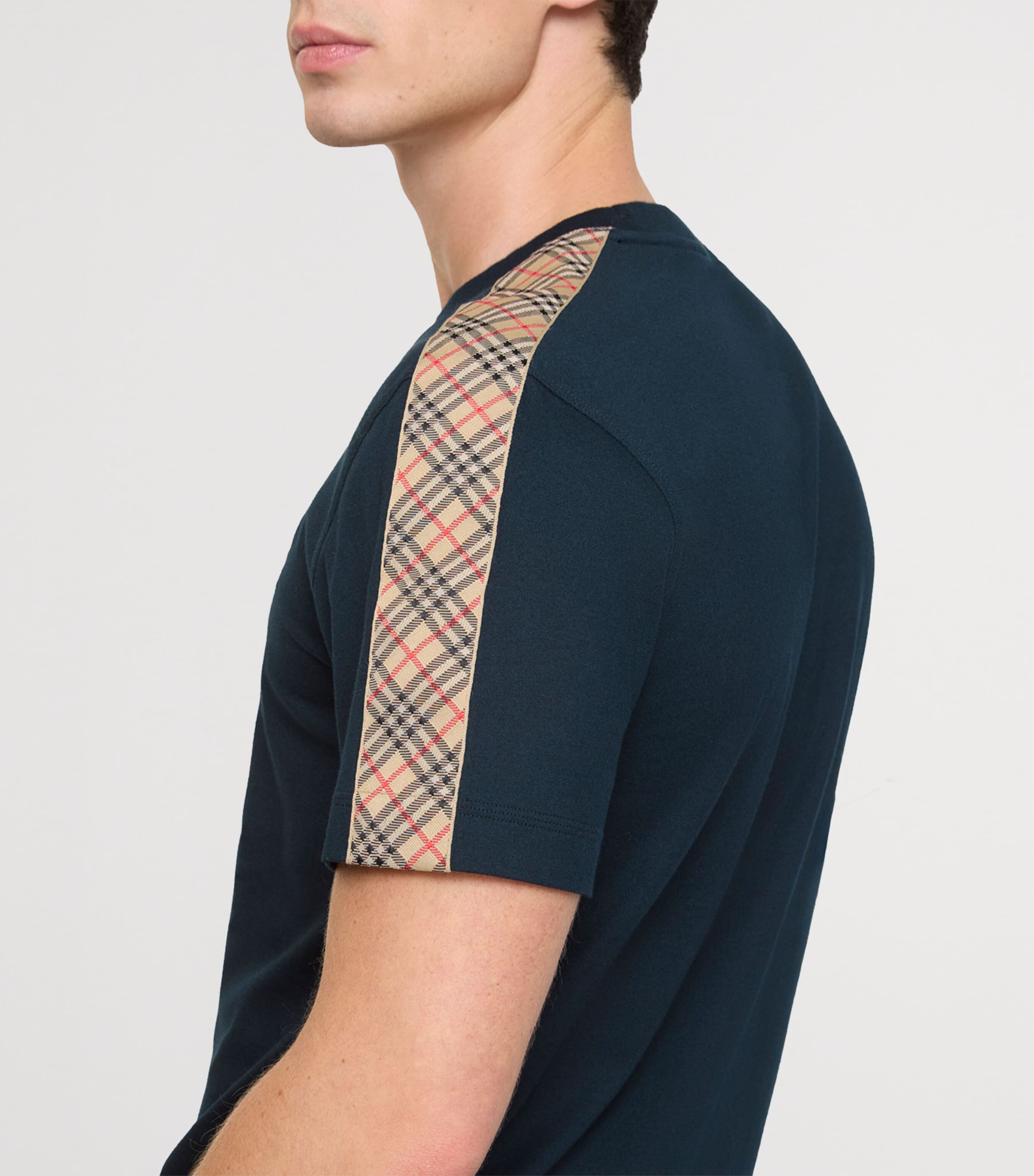 Cotton Check-Trim Slim T-Shirt NAVY Image 3