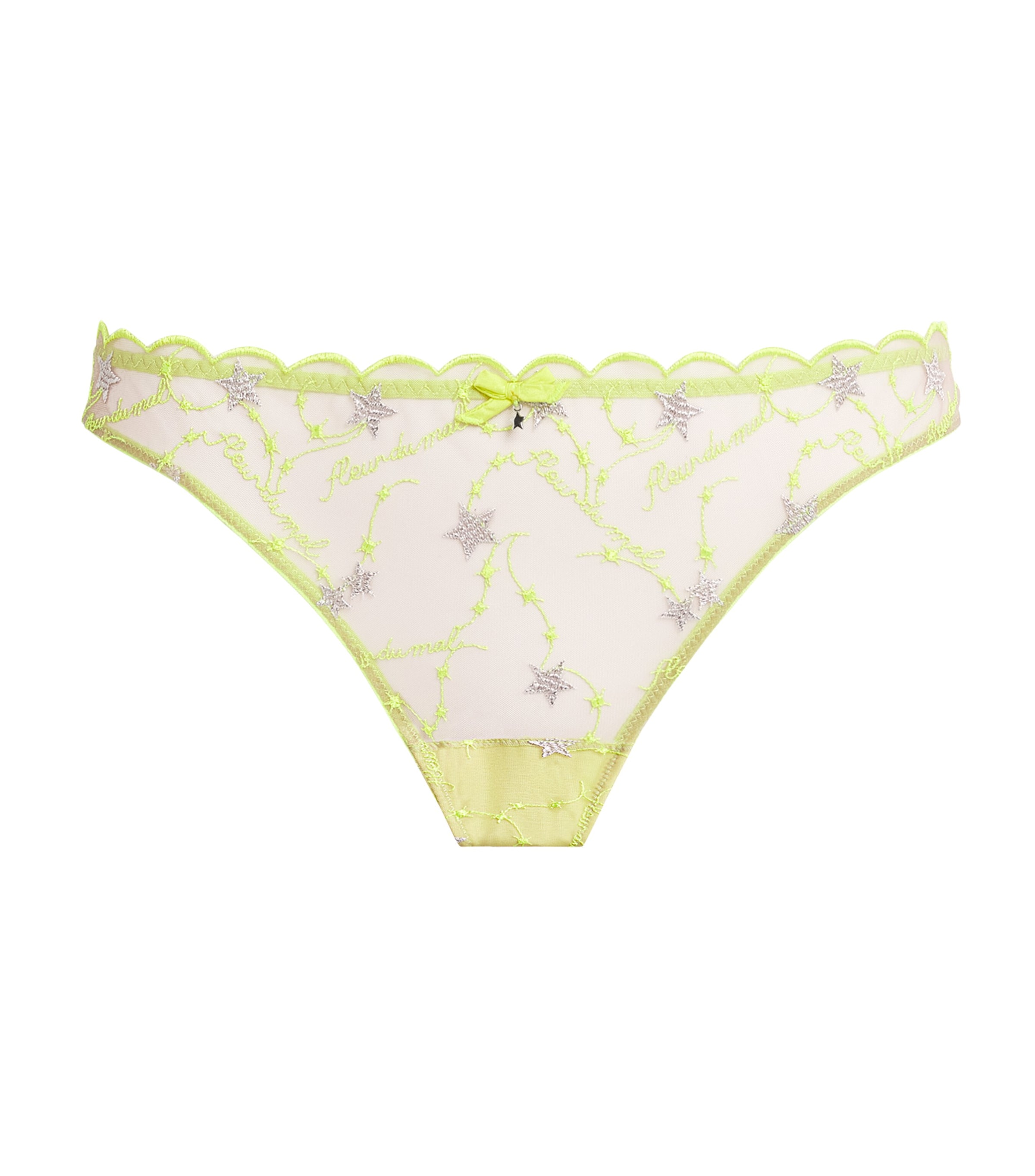 Fleur Du Mal Womens Silk Embroidered Étoile Thong Neon Yellow Image 1