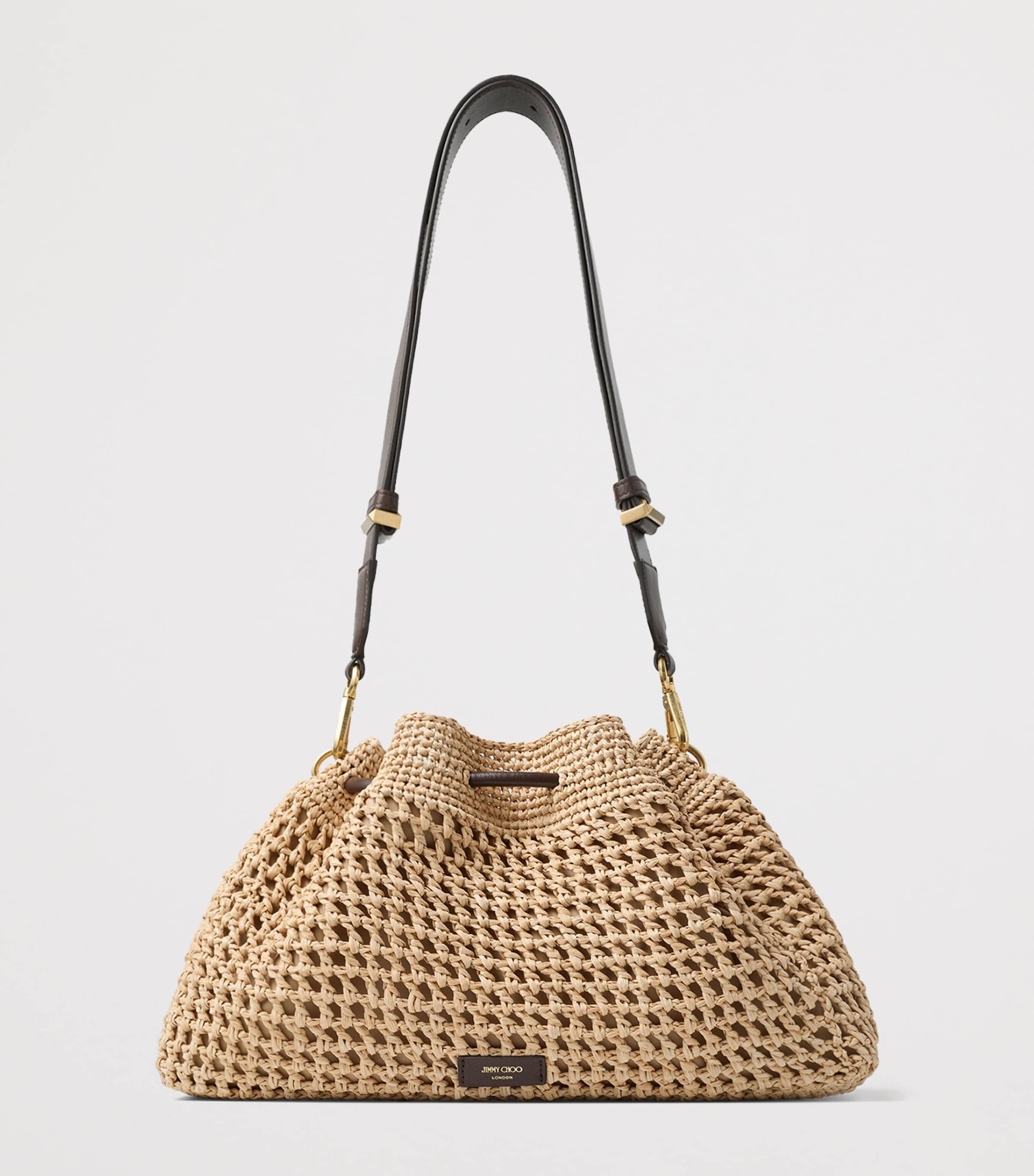 Jimmy Choo Medium Raffia Crochet Cinch Bucket Bag Natural/chocolate/go Image 3