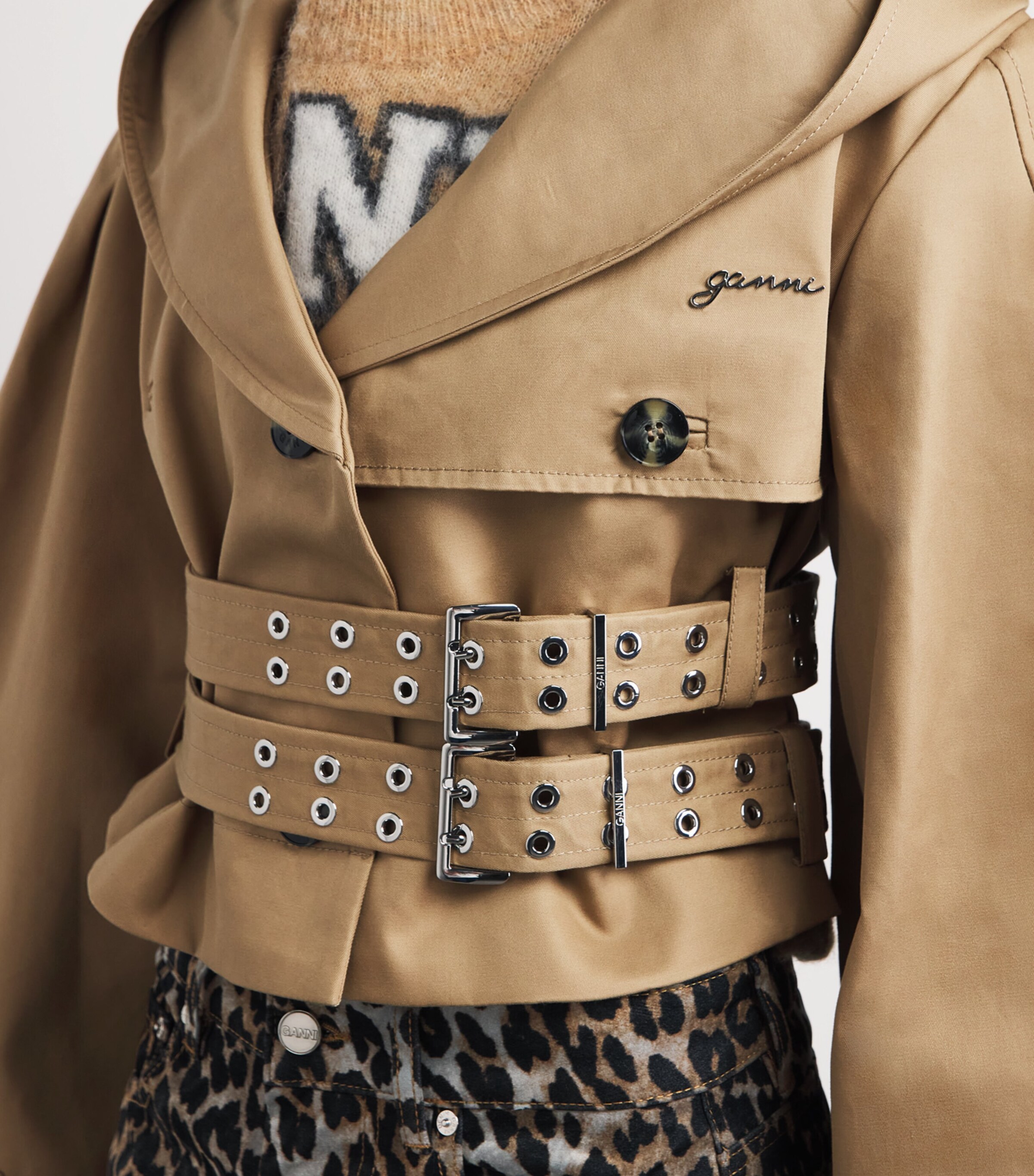 GANNI Brown Organic Cotton Cropped Trench Jacket | Harrods US