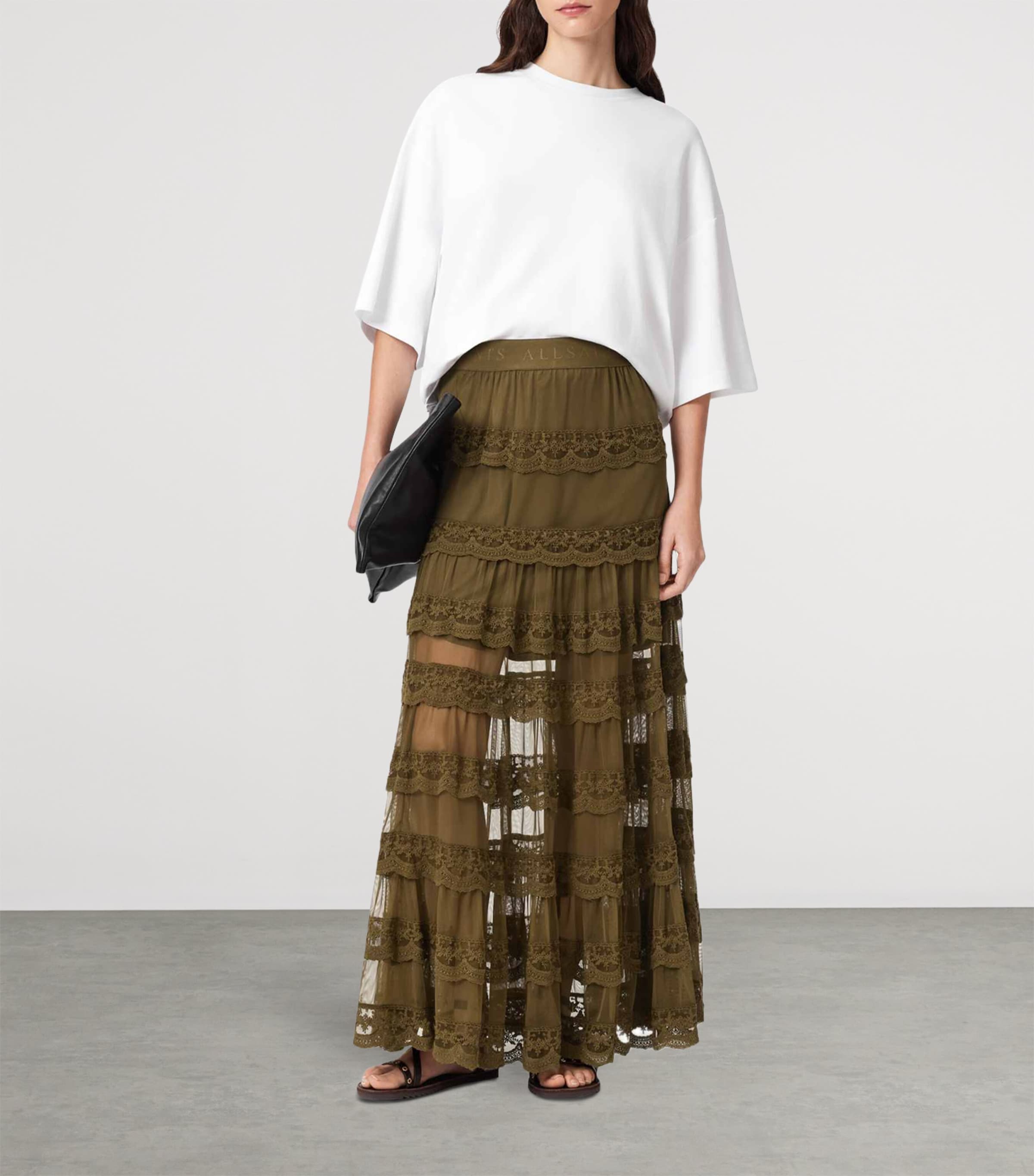 AllSaints Womens Lace Tiered Maggie Maxi Skirt Olive Khaki Green Image 6