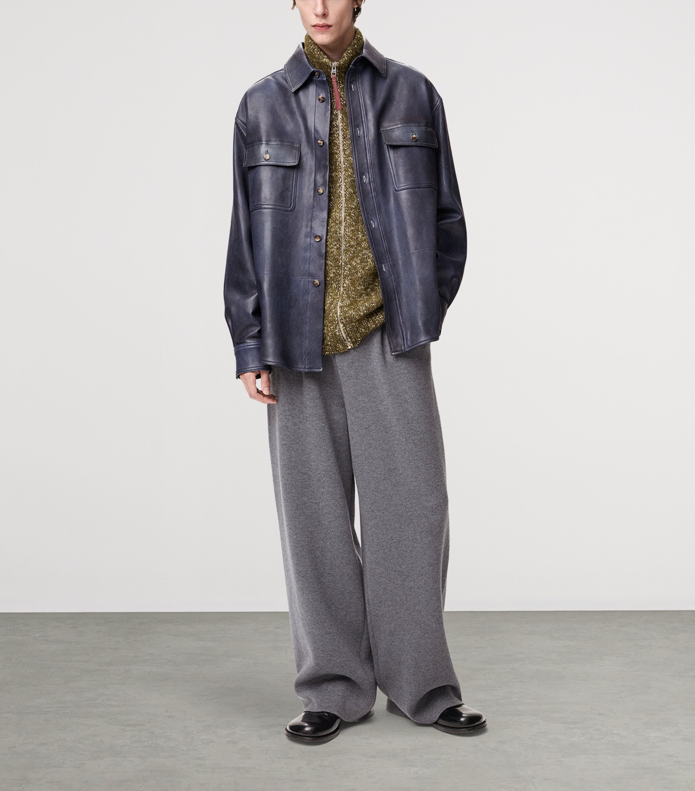 LOEWE Mens Leather Denim-Back Overshirt Navy Blue Image 2